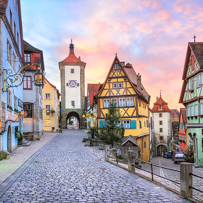 Colourful houses in street in Rothenburg, Germany