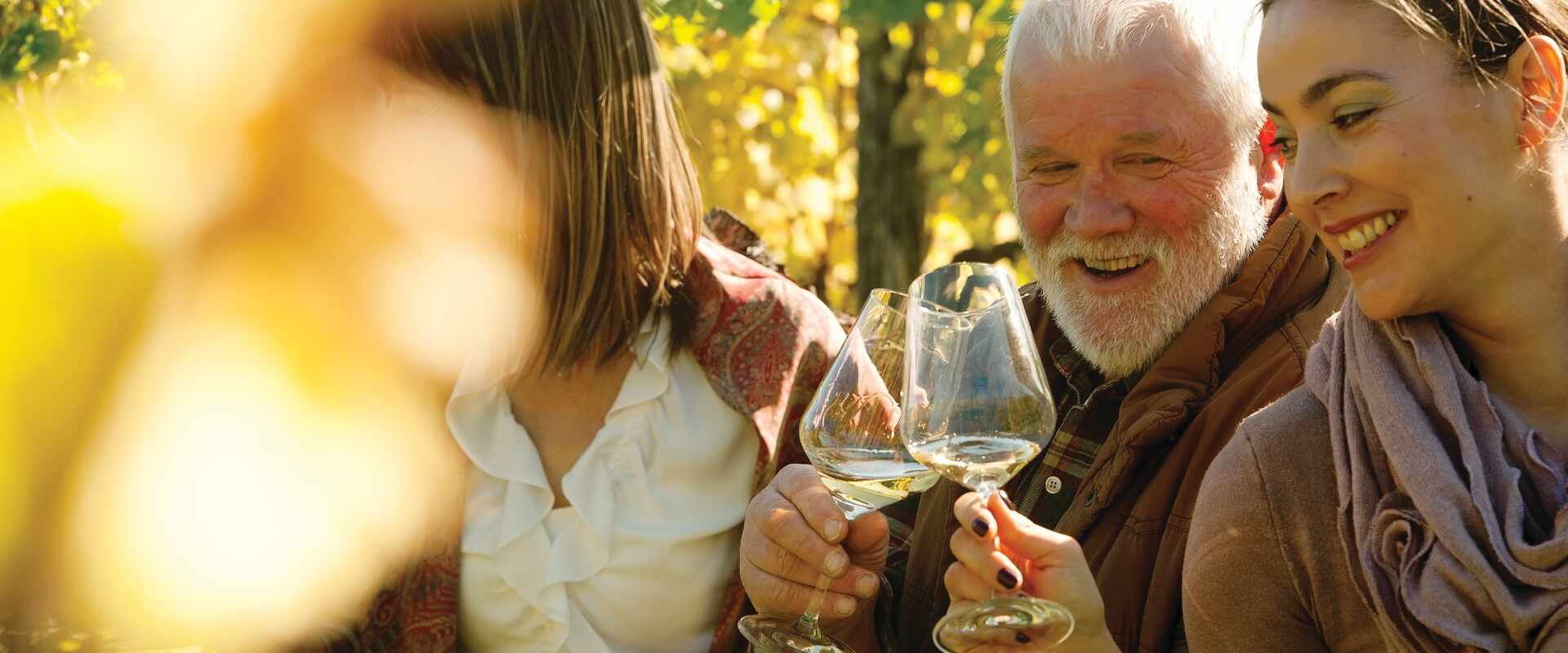 generic people tasting wine in a sunlit vineyard